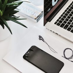 Minimalist workspace with a laptop, smartphone, earphones, and a green plant.