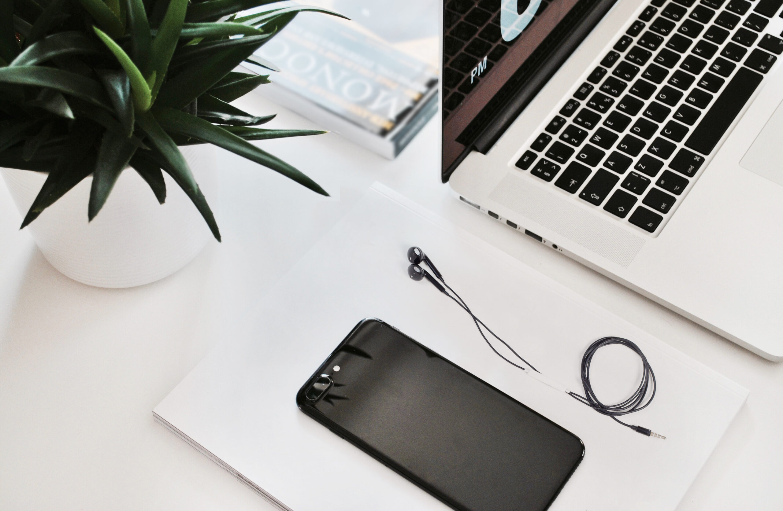 Minimalist workspace with a laptop, smartphone, earphones, and a green plant.